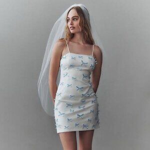 ANTHROPOLOGIE BHLDN Blue Bow Fitted‎ Ivory Mini Dress Size 6 NEW WITH TAG